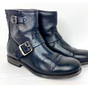 Frye Vicky 6" Black Leather Side Zip Engineer Moto Boots Buckle Womens 6 B❤️